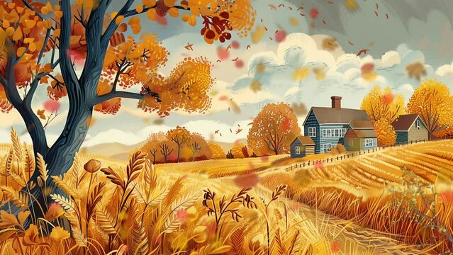 autumn in fairyland village. cartoon style. wheat field landscape background. 4k loop animation footage