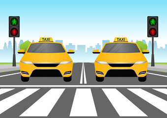 Taxi Drive along the Road in the City. Taxi Service Concept. Vector Illustration. 