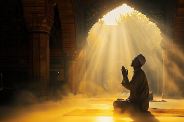 Silhouette of Indonesian Muslim man praying in the mosque