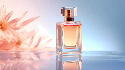 Perfume transparent bottle on pastel background, perfume display