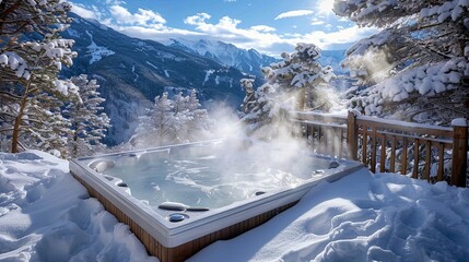 Winter Wonderland Hot Tub with Mountain View A steamy hot tub experience amidst a snowy mountain landscape, offering a serene winter retreat with a stunning alpine backdrop.

