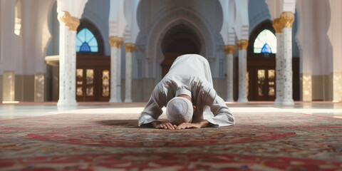 Silhouette of Indonesian Muslim man praying in the mosque - obrazy, fototapety, plakaty