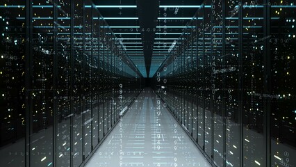 A row of servers symmetrically aligned in a data center building