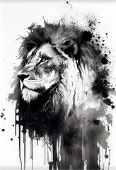 Black and white ink lion print. AI render.