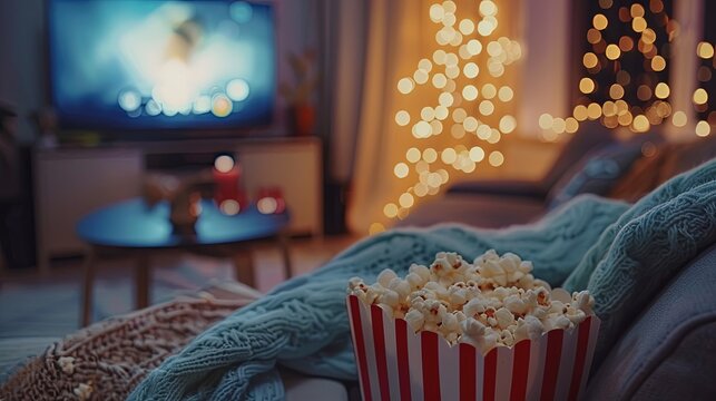Cozy Home Movie Night with Popcorn A warm and inviting home setting with a bowl of popcorn ready for a movie night, showcasing a cozy atmosphere.

