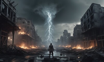 Observer Amidst Fiery Post-Apocalyptic Destruction, a figure stands in ruins under a fiery sky. AI Generated