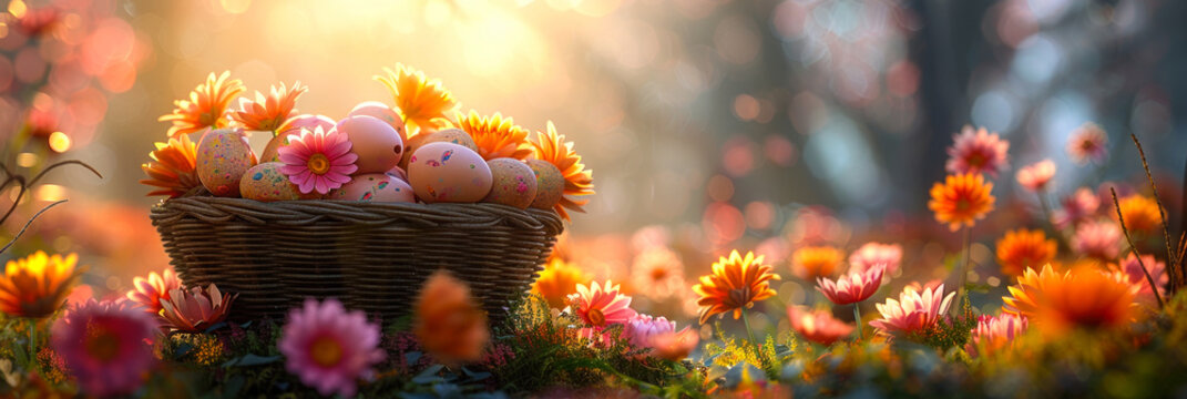 The golden hour illuminates a basket full of Easter eggs, enhancing the beauty of the surrounding daisies