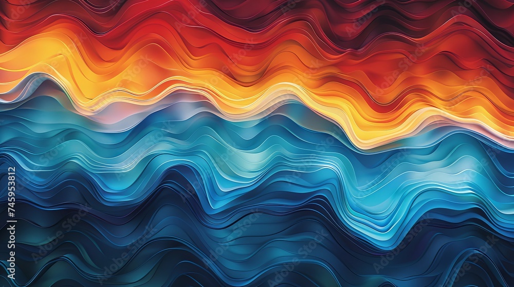 Poster dynamic abstract wavy lines in warm and cool tones digital artwork showcasing symmetrical and vibran