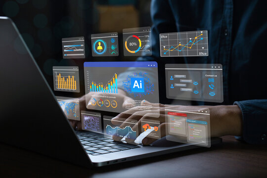 AI (Artificial Intelligence). Businessman working on laptop connect to technology AI for working tools. Use command prompt to generate ideas and Chat bot Chat with AI. analytics dashboard with charts.