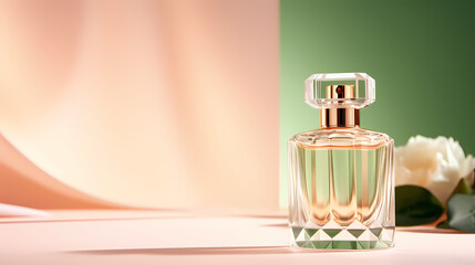 Perfume transparent bottle on pastel background, perfume display