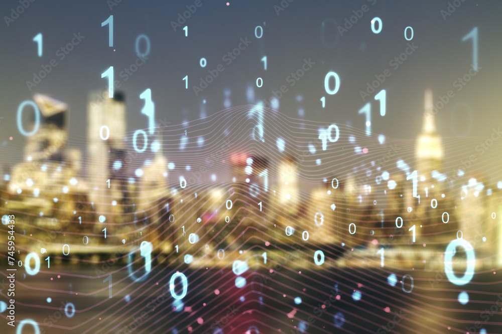 Aufkleber Abstract virtual binary code hologram on blurry skyscrapers background, AI and machine learning concept. Multiexposure