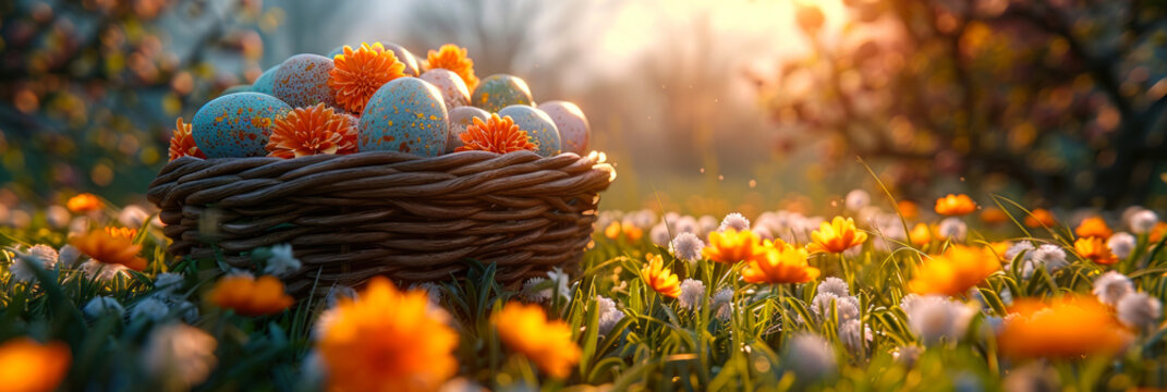 Early morning dew surrounds a rustic basket of beautifully painted Easter eggs among the spring flowers