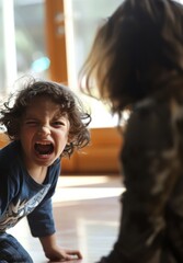 A young boy screams in focus, with another child blurred in the foreground, capturing the energy of a sibling rivalry moment.