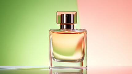 Perfume transparent bottle on pastel background, perfume display