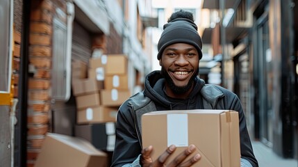 Delivery Man Smiling with Parcel in Warehouse Friendly delivery service worker holding a package, ready for dispatch in a storage warehouse.

