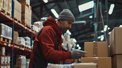Fototapeta na wymiar Warehouse Worker Organizing Packages for Shipment Focused warehouse employee in a red jacket and beanie is busy arranging cardboard boxes, ensuring efficient package handling. 