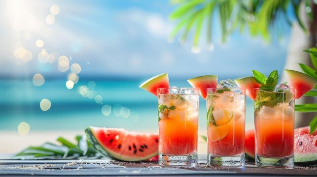 Watermelon Cocktails on a Tropical Beach. Refreshing watermelon cocktails with mint on a table overlooking a sunny tropical beach with palm leaves.