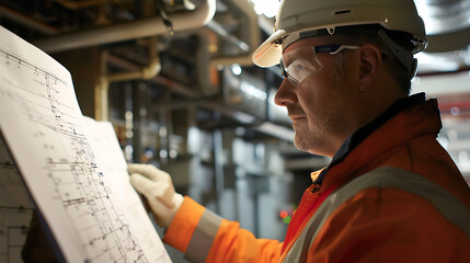 Electrician reviewing a wiring diagram or blueprint, electrical planning and installation.