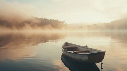 Solitary Boat on Misty Lake at Dawn A lone rowboat floats on a still, misty lake, captured in the tranquil light of an early morning sunrise.

 - obrazy, fototapety, plakaty