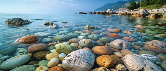 A panoramic view of a serene beach, where smooth pebbles lie beneath crystal-clear waters, bordered by rugged cliffs under a serene sky. The scene is a natural mosaic of earth's elements. - obrazy, fototapety, plakaty