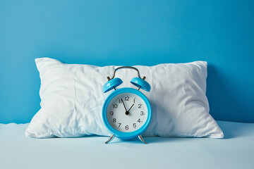 Soft white pillow with alarm clock on blue background