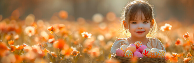 Fototapeta na wymiar A young girl with a basket of colorful Easter eggs surrounded by orange flowers in a sunny field