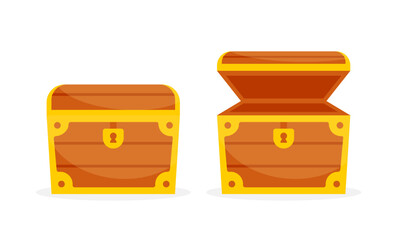 Wooden chest. Treasure box open and closed. Vector illustration