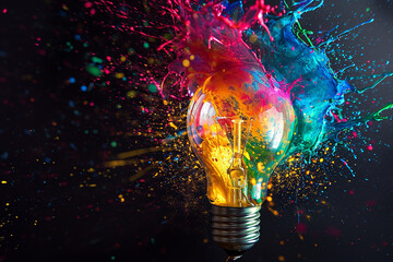 Creative light bulb explosion with splashes of yellow, blue and pink paint on a black background. Think differently creative idea concept. - obrazy, fototapety, plakaty