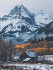 A rustic cabin stands alone against a dramatic backdrop of a snow-covered mountain and autumnal forests, with a misty atmosphere adding to the solitude of the scene.
