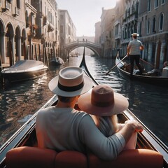 Middle aged couple on a romantic gondola ride in Venice sightseeing the city. Travel, vacation, romance. Partnership. Love relationship. Boyfriend and girlfriend. Married couple. Generative AI