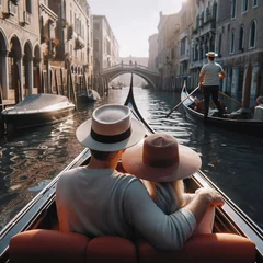Poster Middle aged couple on a romantic gondola ride in Venice sightseeing the city. Travel, vacation, romance. Partnership. Love relationship. Boyfriend and girlfriend. Married couple. Generative AI © JR Digital Art