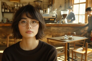 Woman with short hair and round glasses contemplating in a cozy cafe, a scene of quiet reflection amid a busy backdrop. Pensive young lady wearing spectacles, lost in thought within warm ambiance