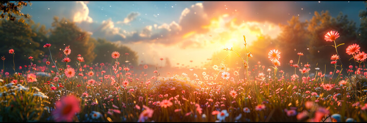 Breathtaking panoramic view portraying a mesmerizing sunset over a sea of vibrant wildflowers