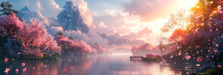 Mystical sunrise with blooming cherry trees lining the tranquil river, petals fluttering and mountains