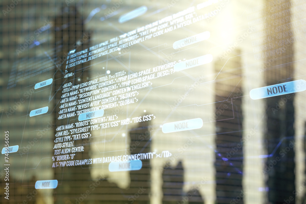 Poster double exposure of abstract programming language interface on modern skyscrapers background, researc