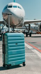Fototapeta na wymiar A bright turquoise suitcase stands ready on the tarmac, with an airplane poised for takeoff in the background. The scene is ripe with anticipation for the journey ahead.