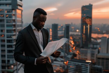 Solemn businessman reviews financial reports at dusk, backdrop of city lights reflecting on water, symbolizing deep contemplation. Pensive executive scrutinizes documents against evening city glow - obrazy, fototapety, plakaty