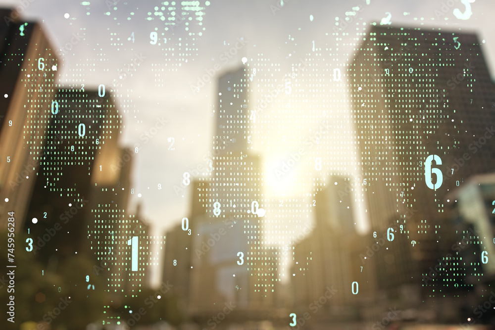 Aufkleber Multi exposure of abstract programming language hologram and world map on blurry cityscape background, artificial intelligence and neural networks concept