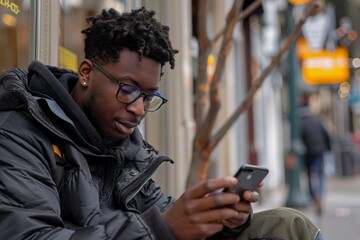 Fototapeta na wymiar Young man with glasses engrossed in smartphone, casually accessing information and staying connected on the go in an urban setting. Urbanite uses mobile phone for social networking,
