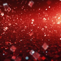Abstract Background of Glittering snowflakes and geometrical shapes with lens flare, Defocused white Particles on red Background.