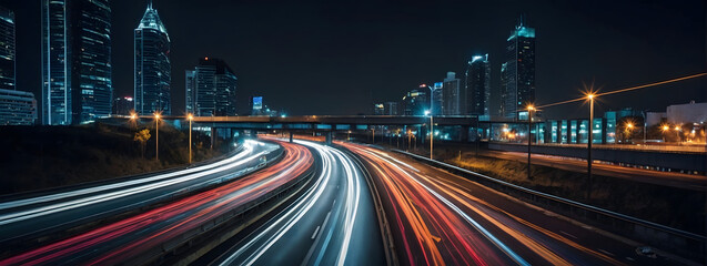 Fototapeta na wymiar Dynamic traffic on a city highway, long exposure shot with vibrant light trails. 