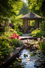 Fototapeta na wymiar Serene Healing Garden Scene with A Lush Greenery, Tranquil Pond, and Quaint Gazebo