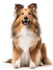 A pedigree shetland canine posing against a blank backdrop.