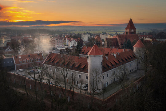 Teutonic castle in Paslek city at sunset, Poland.