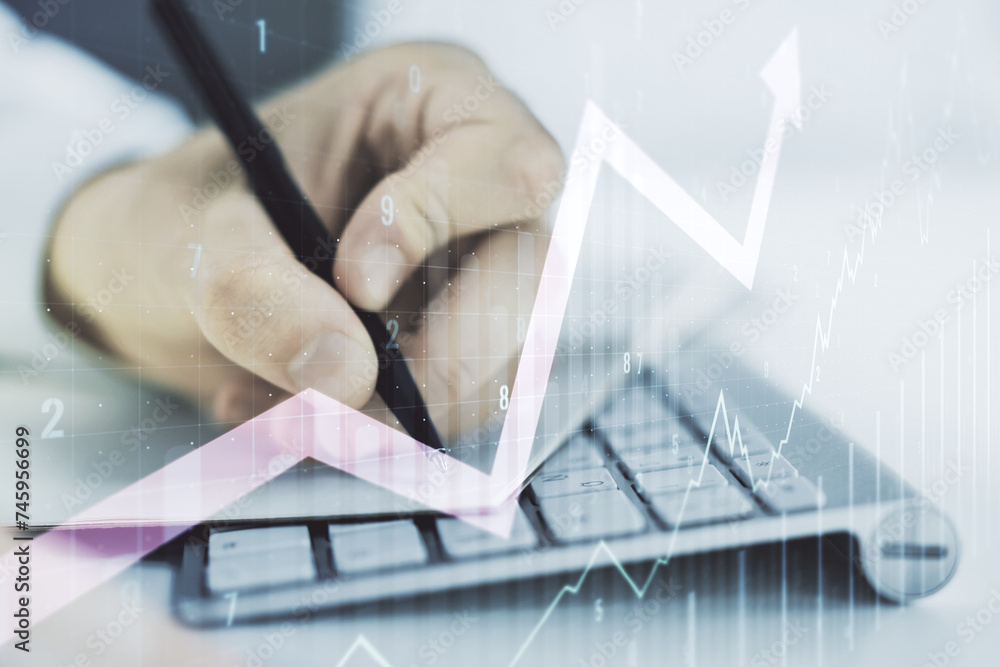 Poster multi exposure of abstract creative financial chart with upward arrow and hand writing in notebook o