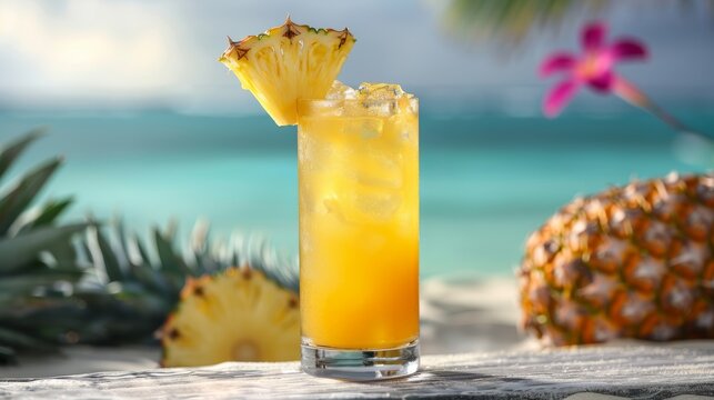 Pineapple Juice Cocktail on Tropical Beach. A tall glass of pineapple juice with ice on a white sandy beach, tropical ocean in the background.