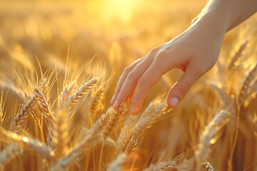 Hand touching a golden wheat ear in the wheat field. Hand touching wheat during sunset. Closeup of a farmer's hand touching the top of a wheat stalk.