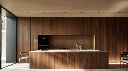 Simplicity of a minimalist kitchen interior featuring exquisite wooden materials, sleek surfaces and minimalist design elements converge
