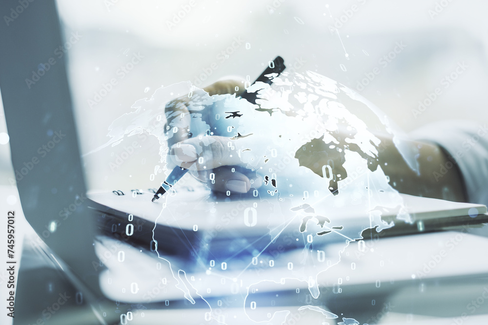 Aufkleber multi exposure of abstract creative coding sketch with world map and hand writing in notebook on bac