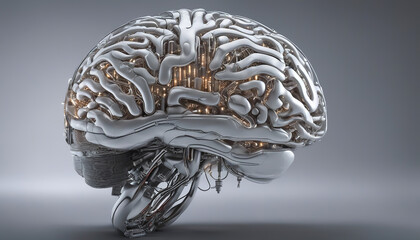 Metal artificial brain. Artificial intelligence. Scientific laboratory. Fantastic illustration. Ski-fi concept. AI generated
